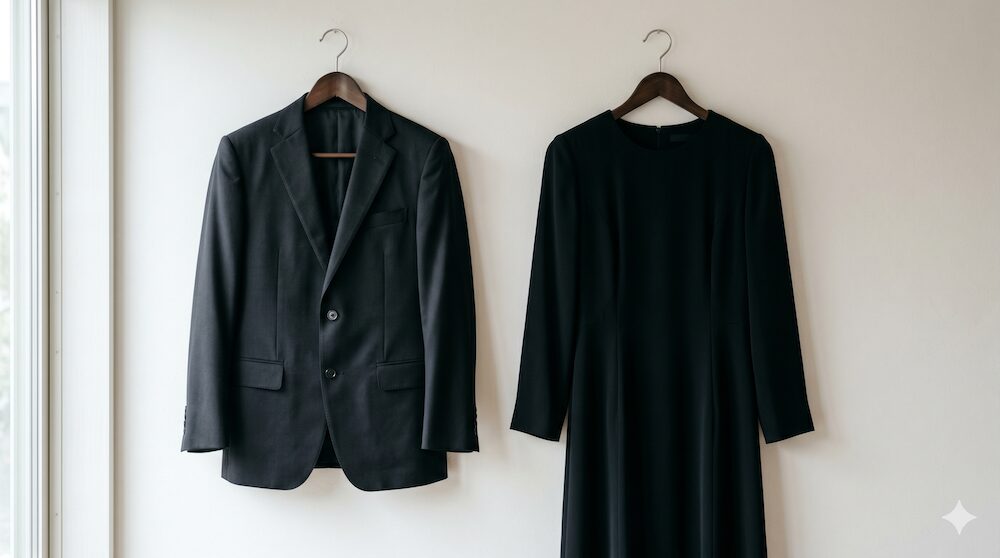 喪服と黒スーツの違いを表す並んだ衣服