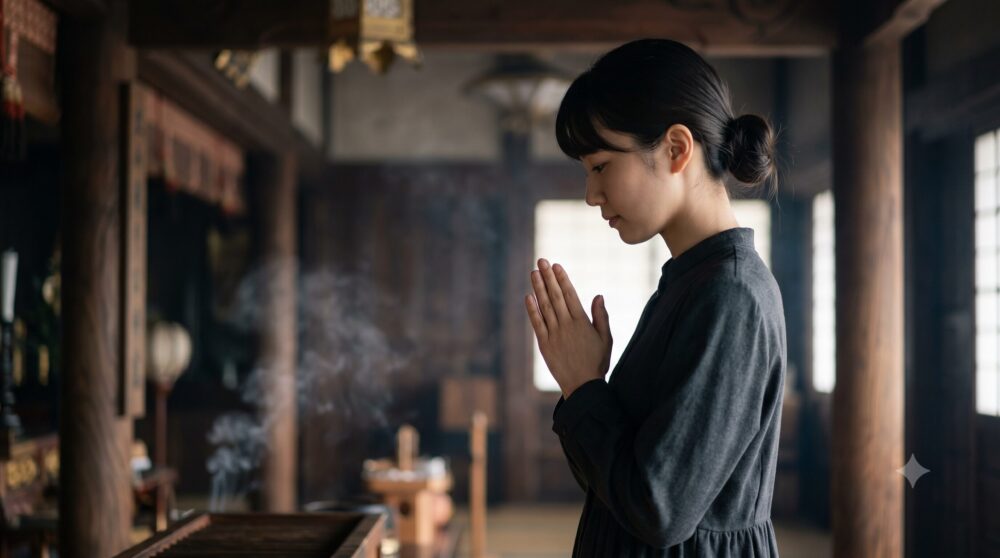 薄暗いお寺の本堂で、髪を低くまとめ、手持ちのダークカラーの服で静かに深く手を合わせる女性の横顔。服装の形式を超えた純粋な祈りの姿。