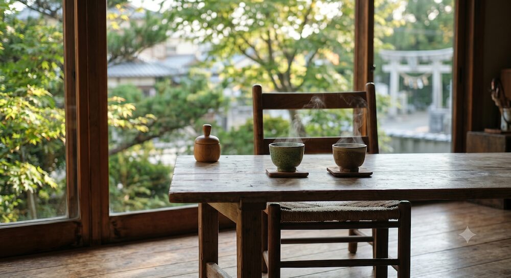 木漏れ日が差し込む静かな和カフェに置かれた二つの湯呑み。友人が心を開くのをゆっくりと待つ、安全で温かい空間の象徴。