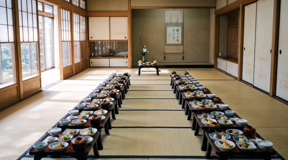 法要後の会食場に整然と並ぶ膳