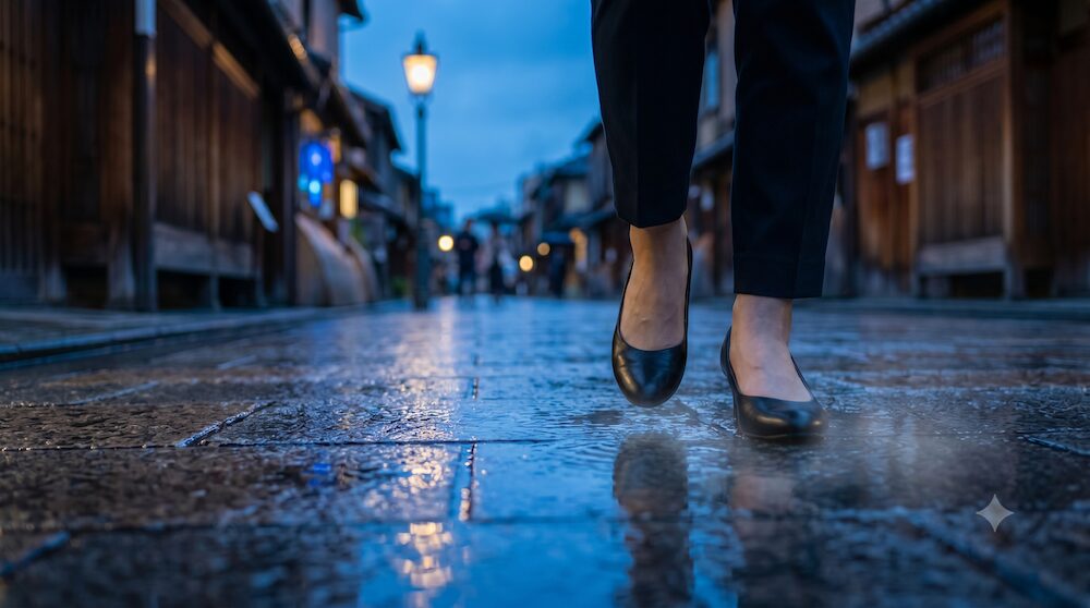 薄暗い夕暮れの道を、急な知らせを聞いて黒いパンプスで足早に駆けつける足元。間に合わなくても駆けつけようとする誠実な姿。