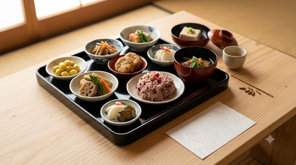 法事の会食（お斎）のために用意された美しいお膳と、参列者を思いやってそっと添えられたシンプルな和紙の席札。