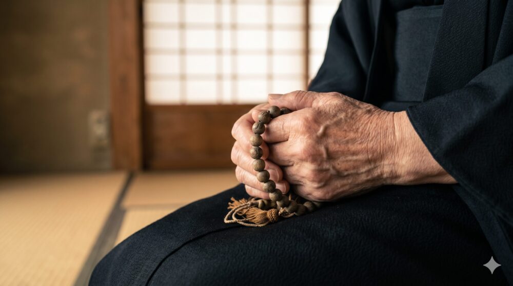 服装の乱れを気にせず、静かなお寺の本堂で数珠を手に深く合掌する参列者の姿。