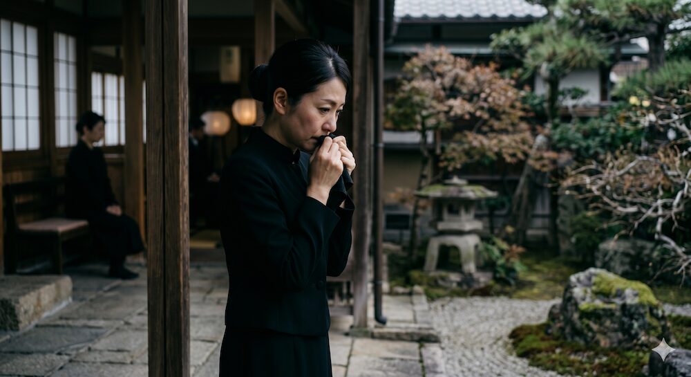 夕暮れ時の静かなお寺の日本庭園