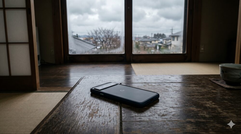 冷たいテーブルに置かれた鳴らないスマートフォン