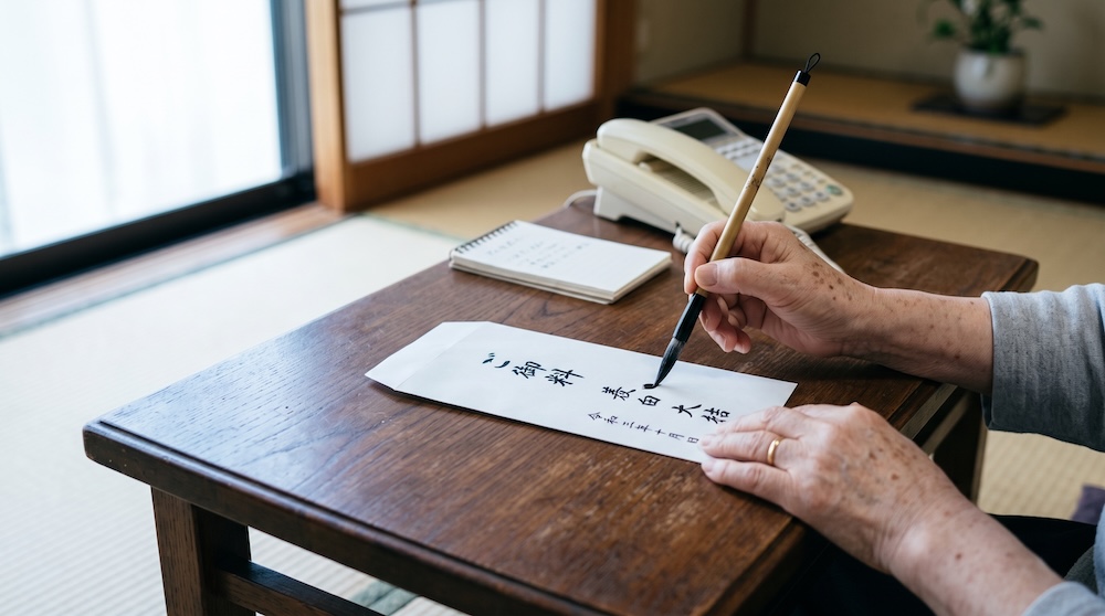 御膳料の封筒を準備する手元