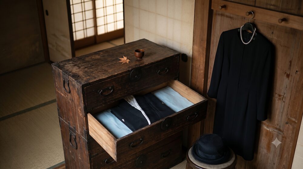 古い桐箪笥の引き出しにしまわれた着物と、壁に掛けられた現代の洋装ブラックフォーマル。時代の移り変わりと変わらぬ弔いの心を示す情景。