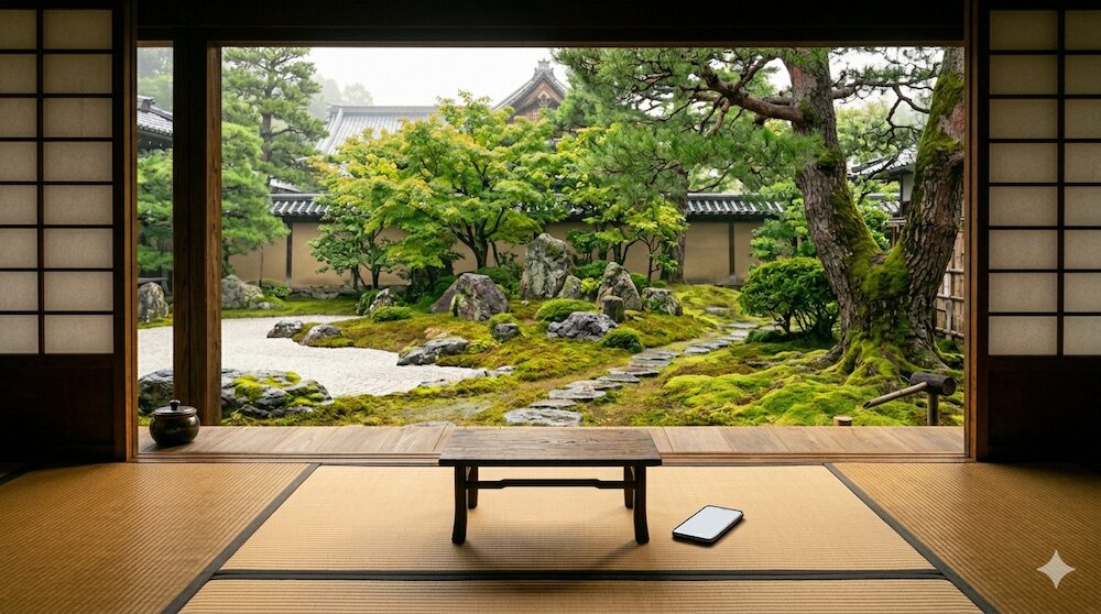柔らかい日差しが差し込む静かな和室と、障子の向こうに広がる美しい日本庭園の広角風景。畳の上にはスマートフォンが置かれ、訃報を受けた後の静かな時間を表現している。