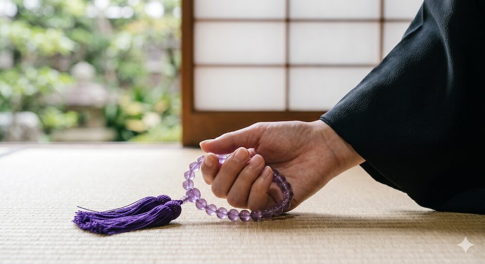 お葬式のマナーにふさわしい、女性の喪服の手元に握られた高貴な紫色の水晶の数珠。畳と自然光が調和する、静かで凛とした日本の和室の情景。
