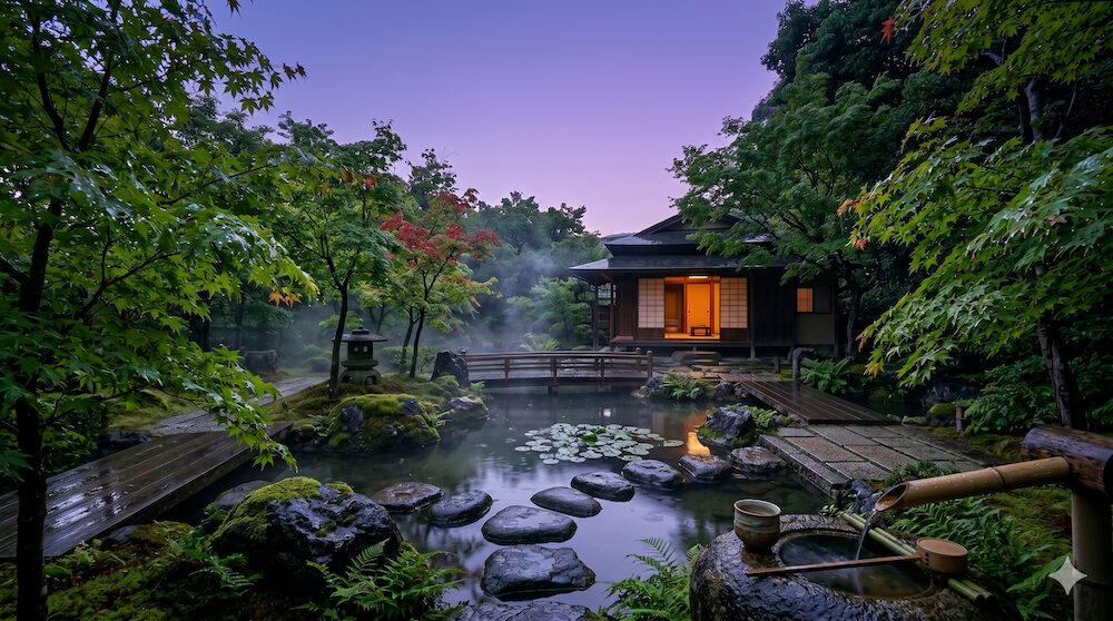 供養を終えて心を整える雨上がりの日本庭園
