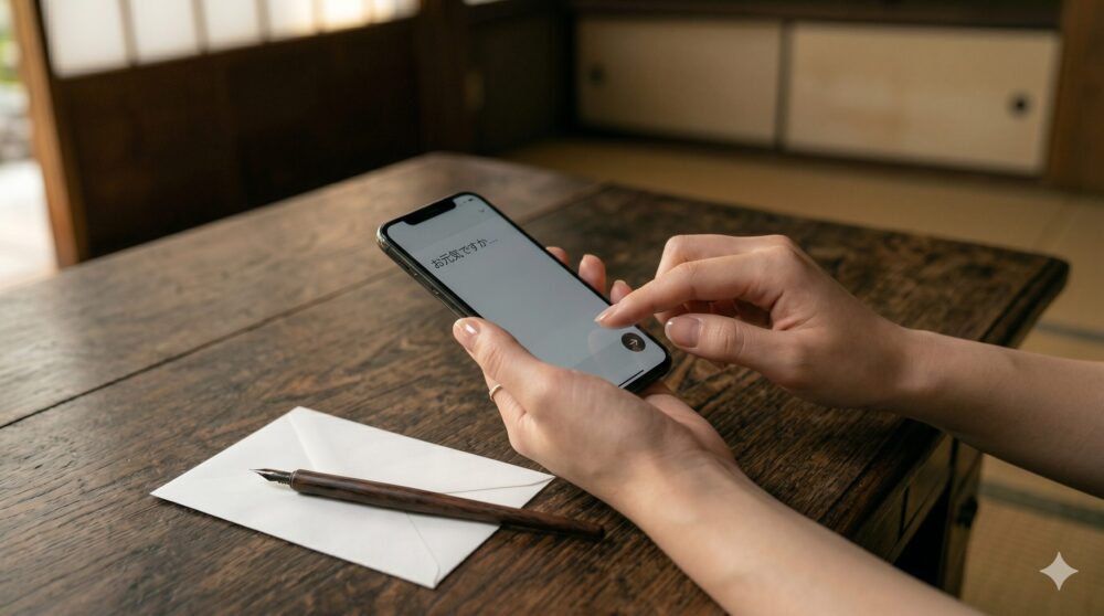 木の机の上で、スマートフォンを手に持つ女性の手元のクローズアップ。お悔やみの文章を打とうとして迷っている様子を表現している。隣には封筒とペンが置かれている。