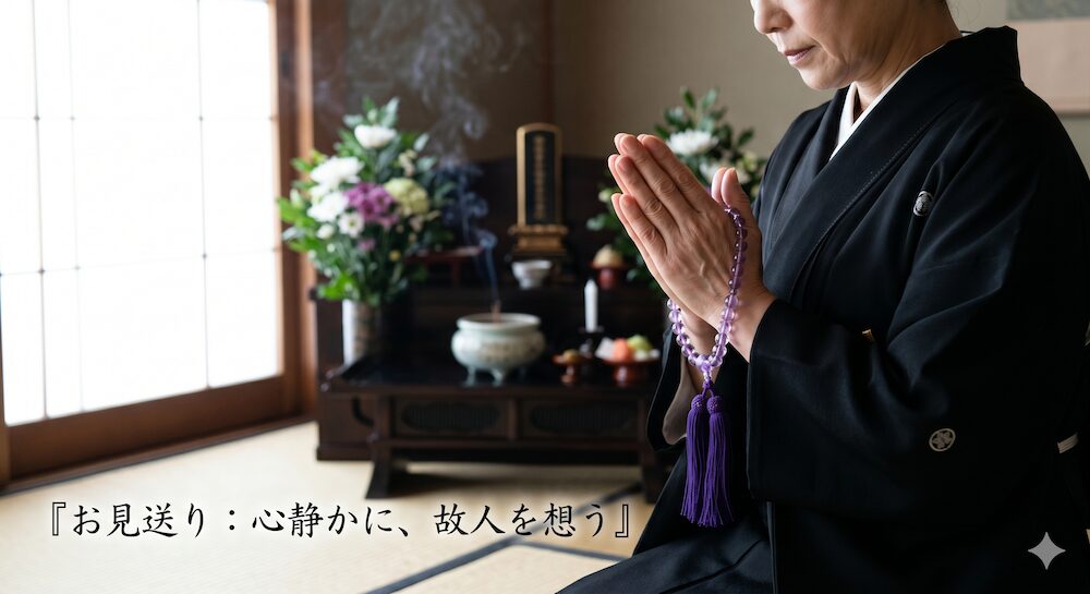 お葬式で左手首に高貴な紫色の数珠をかけ、凛とした姿で両手を合わせる女性の合掌。貸し借りはせず、自らの祈りを捧げる誠実さを表現。