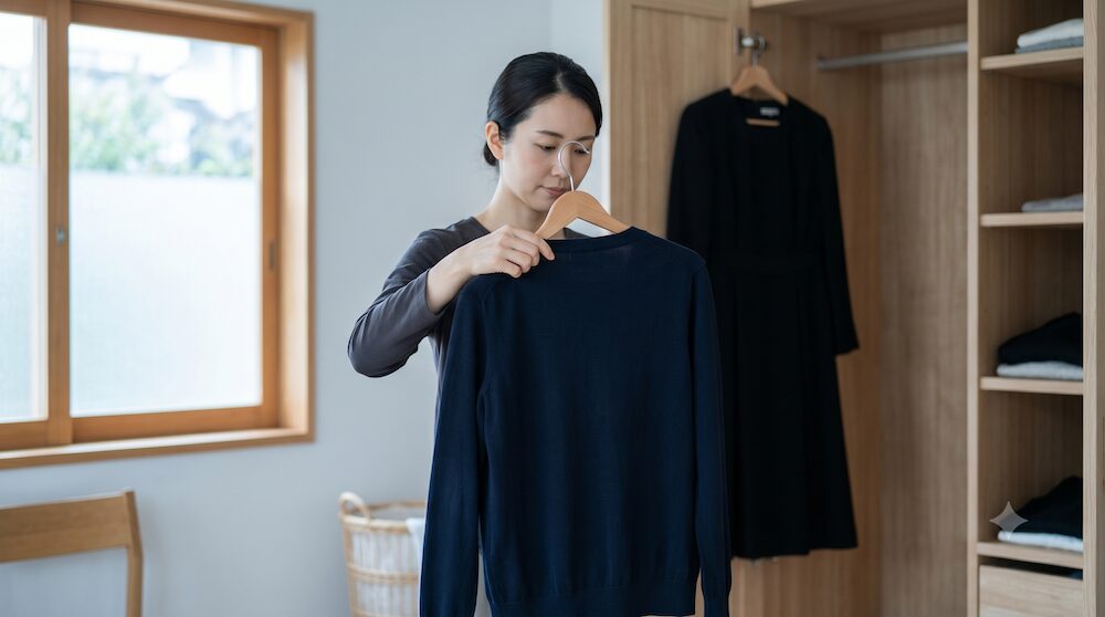 後日、ご自宅への弔問に伺うため、喪服ではなく落ち着いた色の平服（ダークネイビーのカーディガン）をクローゼットで選ぶ女性の手元。
