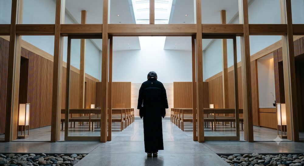 現代的な明るい斎場の入り口で、母親から借りた着物を着て深く一礼する女性の後ろ姿。周囲の目を越えた純粋なお別れの姿。