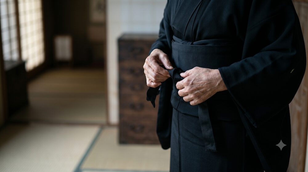 告別式に向かうため、黒い名古屋帯を静かに締める女性の手元。焦りを捨て、故人と向き合う準備を整える時間。