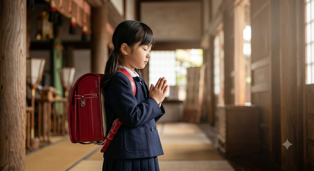 薄暗いお寺の本堂で、目を閉じて一生懸命に祈りを捧げる制服姿の子どもの横顔。マナーや形式を超えた、純粋な心こそが最高の供養であることを示す姿。