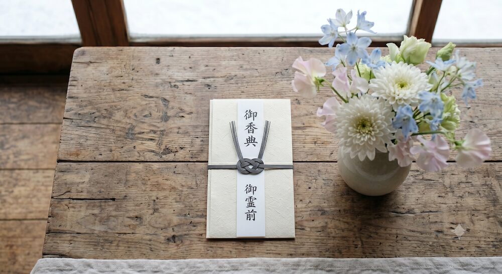 後日贈るための白や淡い色の優しいフラワーアレンジメントと、静かに添えられた不祝儀袋。相手の負担にならない温かい心遣い。