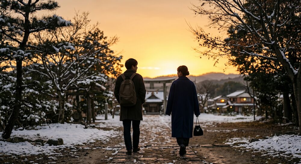 夕暮れの道を少し距離を空けて並んで歩く二人。言葉を交わさずとも、ただそばに寄り添い続けるグリーフサポートの美しい姿