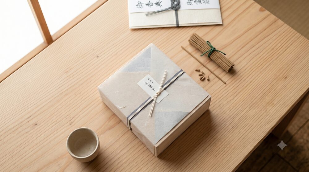 明るい木製のテーブルの上に置かれた、淡い色の和紙で包まれた日持ちのするお菓子と、上質なお線香の束。ご遺族の負担にならないお供え物。