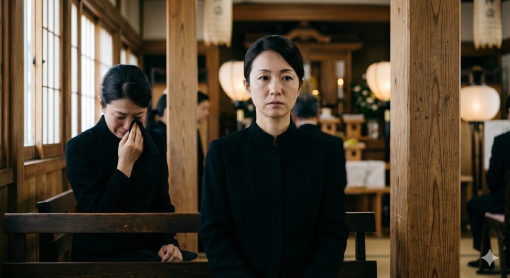 葬儀会場で静かに前を見つめる、涙が出ない参列者の横顔。隣では別の参列者が泣いており、悲しみの表現の多様性を示す。