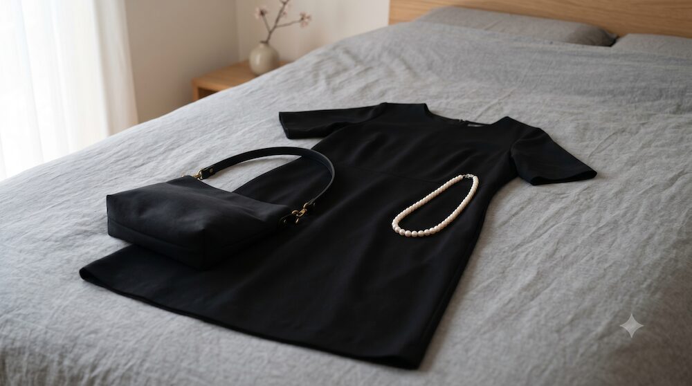 ベッドの上に丁寧に置かれた黒い私服ワンピースと、一連の真珠のネックレス、光沢のない黒い布製バッグ。手持ちの服に小物を合わせてフォーマルに整える工夫。