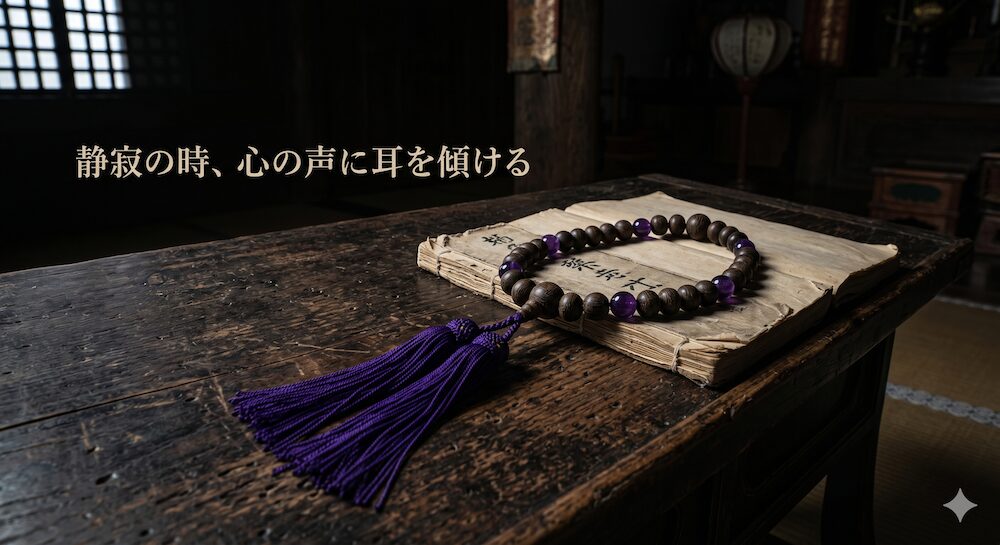 古いお寺の和綴じの経本とともに置かれた、歴史を感じさせる沈香と紫色の水晶の本式数珠。紫が仏教で高貴な色であることを視覚的に表現。
