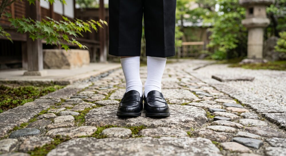 制服で葬式に参列する子どもの足元。くるぶしが隠れる清潔な白靴下とローファーが、正しいマナーと故人への敬意を表している情景。