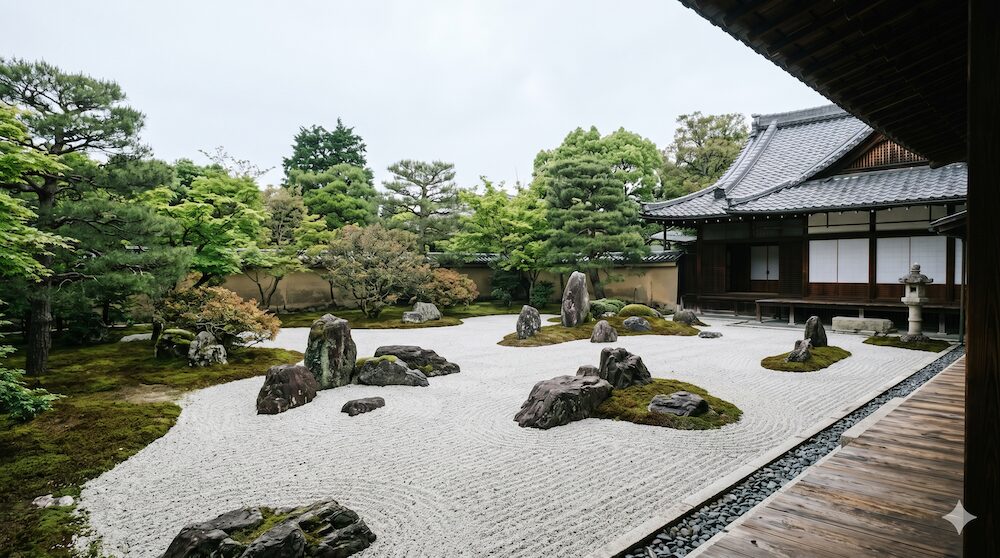 葬儀の合間に心を落ち着かせる静かな寺院の日本庭園