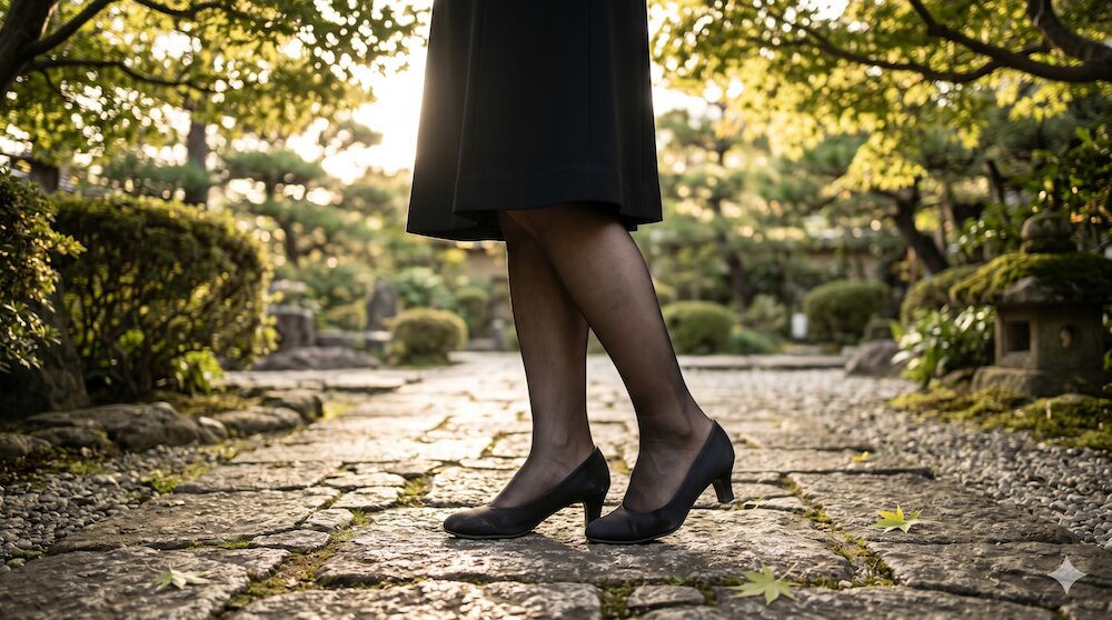 葬儀の基本マナーである、薄手の黒色ストッキングと布製パンプスを合わせた女性の足元。