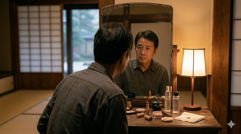 亡き妻の化粧品を前に片化粧の準備をする男性の背中