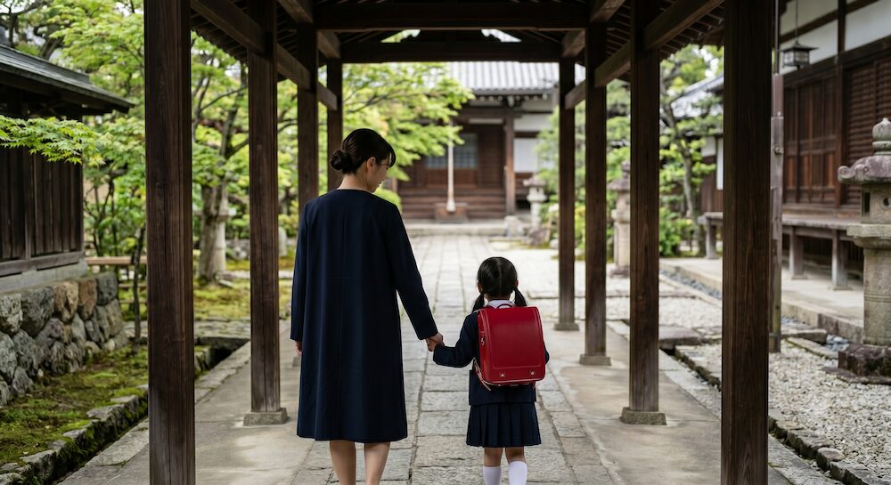静かなお寺の回廊を、制服姿の子どもと手を繋いで歩く親の後ろ姿。言葉だけでなく、温かい手のひらを通じて葬儀の意味を優しく伝える情景。