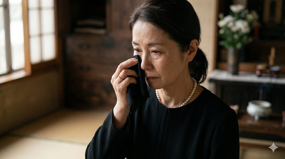 葬儀会場で黒い礼服を着用し、黒いハンカチで静かに涙を拭う日本の女性のクローズアップ。故人を偲ぶ尊い感情と静寂な空気感。