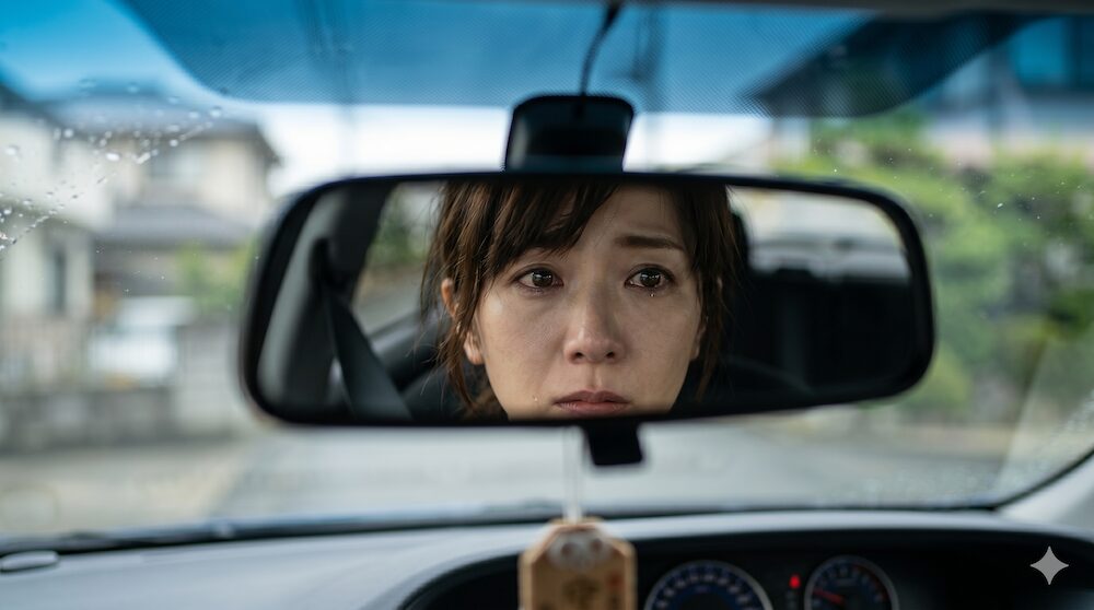 葬儀に向かう車内のバックミラーに映る、茶髪の自分に不安を抱く女性の目元。