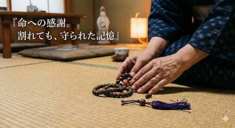 切れてしまった数珠の紐と、畳の上に散らばった珠を、温かい感謝の心を込めて両手で包み込む女性。数珠が身代わりとなって守ってくれたことへの祈りを表現。