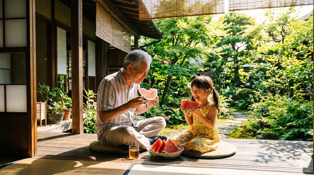 縁側でスイカを食べる祖父と孫の後ろ姿