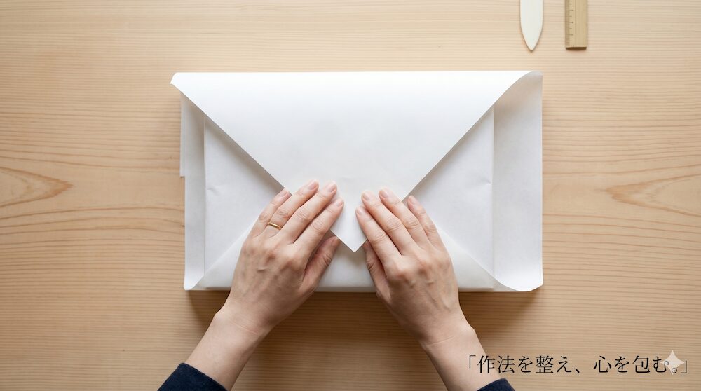 整理された作業台の上で、梱包された香典返しの箱に掛け紙（のし）を丁寧に整える手元。清潔で整理された空間で行われる実直な実務。