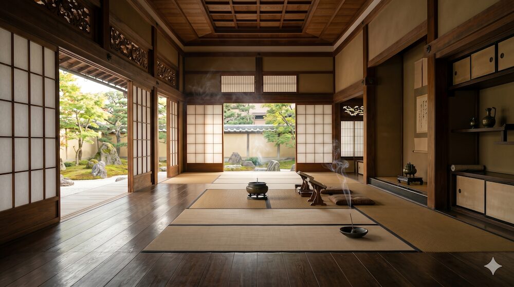窓から柔らかな光が差し込む静かなお寺の本堂の風景】