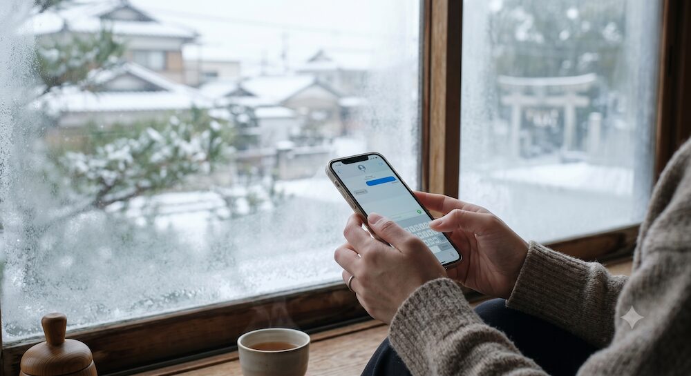 友人のお父さんの訃報に触れ、いつ連絡すべきか迷いながらスマートフォンを見つめる手元のクローズアップ。相手を想うからこその優しい迷い。