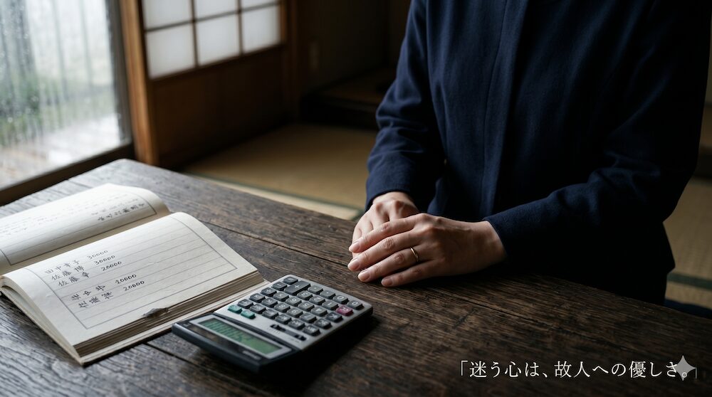 代替テキスト：
電卓と「五万円」と書かれた香典帳を前に、香典返しの相場に悩む施主の手元。少し影の差す静かな部屋で、故人と相手を想う誠実な横顔。