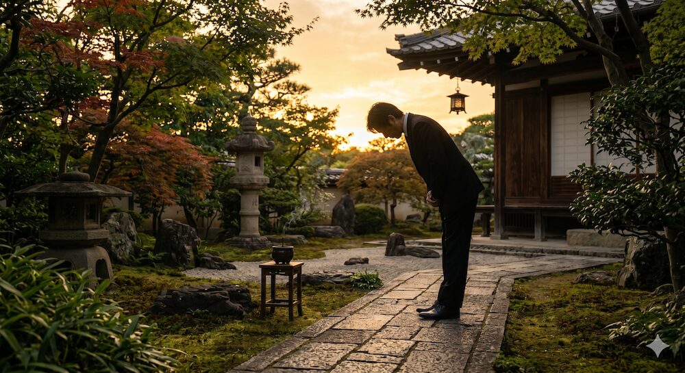 夕暮れのお寺の庭で、深く静かに一礼をする喪服姿の男性のシルエット。言葉を発さずとも伝わる深い敬意と祈り。
