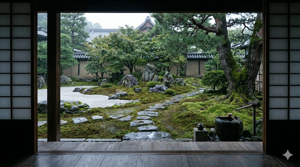 悲しみの場にふさわしい静寂を映し出す雨上がりの日本庭園