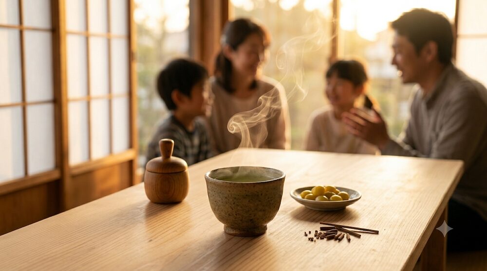 温かいお茶の湯気の向こうで、久しぶりに集まった親族が和やかに談笑するシルエット。形式を超えて心が通い合う美しい時間。