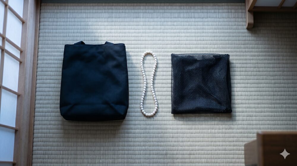 畳の上に静かに置かれた、葬儀用の黒い布製バッグと一連の真珠。