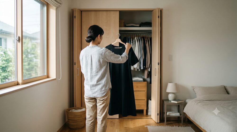 急な訃報を受け、クローゼットの前で手持ちの黒い私服ワンピースを手に取り、慌てて準備をする女性の後ろ姿。