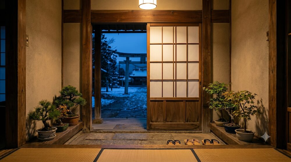 夕暮れ時、温かい灯りが漏れる日本家屋の玄関の引き戸をそっと開けるご遺族の手。喪服でプレッシャーを与えないための配慮を表現。