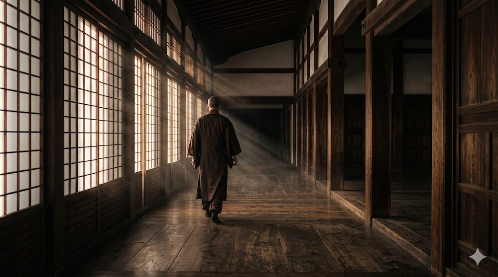 静寂に包まれた寺院の廊下を歩く僧侶