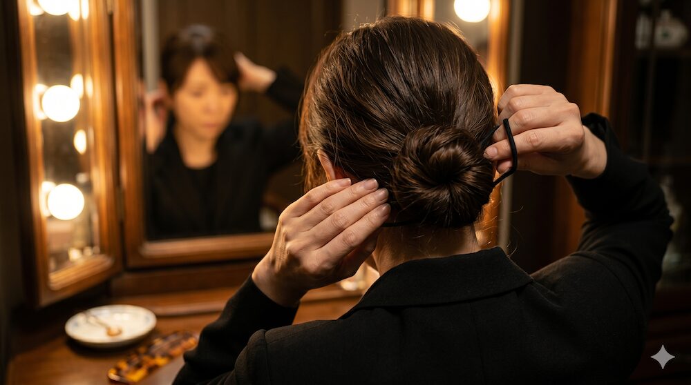 お葬式にふさわしいよう、茶髪を低い位置でタイトにまとめる女性の手元。