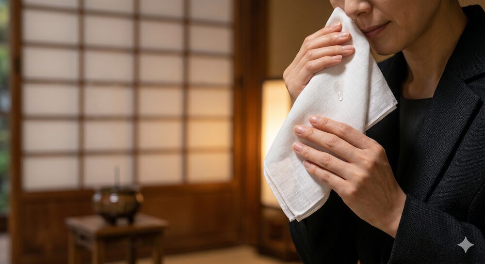 温かい光の中、障子を背景に白いハンカチで静かに涙を拭う女性の手元。飾らないそのままの心で故人を悼む温かい供養の形。