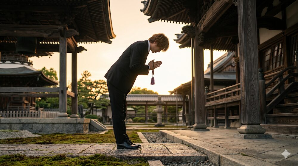 急な訃報に茶髪のまま駆けつけ、お寺の前で深く一礼をする若い男性。