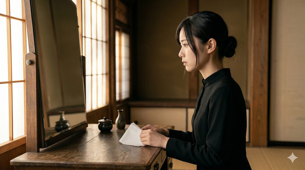 葬儀メイクの正解に迷いながら鏡の前に立つ喪服姿の女性